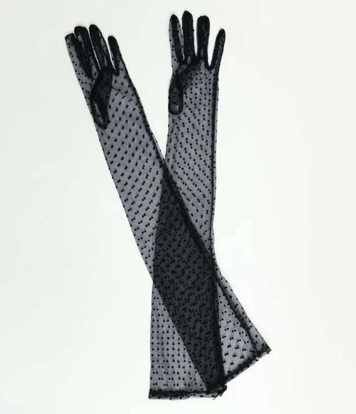 1920s Black Polka Dot Mesh Elbow Length Gloves Accessories Unique Vintage Gloves and Scarves 1920s Black Polka Dot Mesh Elbow Length Gloves Accessories Unique Vintage Gloves and Scarves
