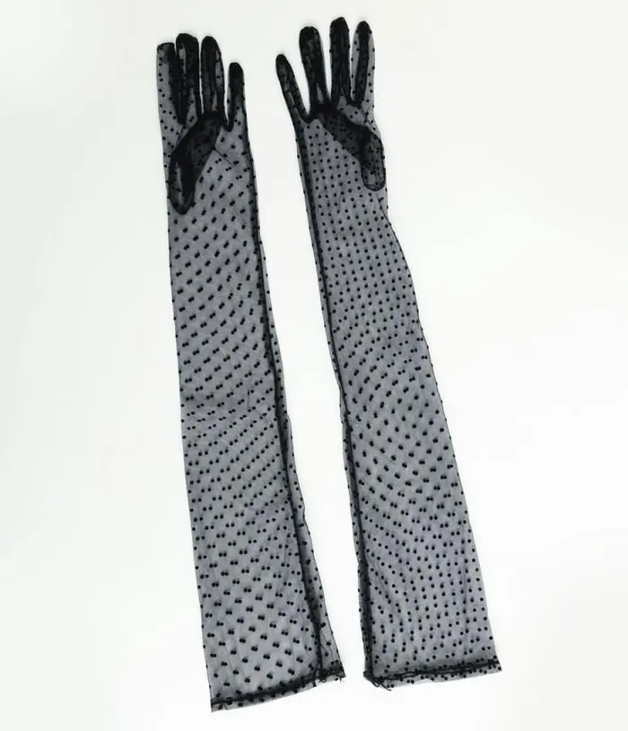 1920s Black Polka Dot Mesh Elbow Length Gloves Accessories Unique Vintage Gloves and Scarves