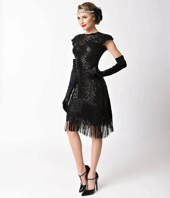 1920s Black Sequin Fringe Del Mar Flapper Dress Dresses Unique Vintage Pencil