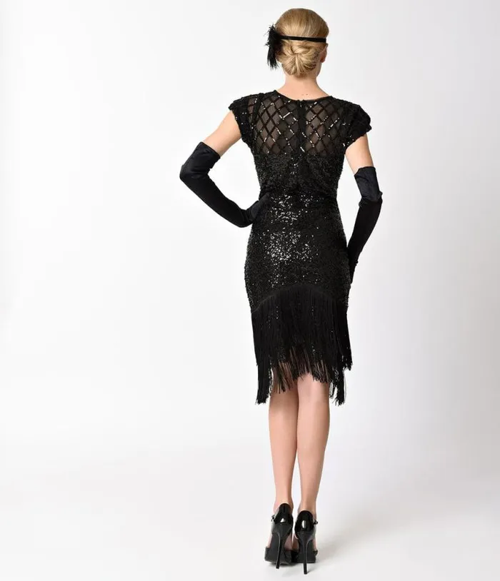 1920s Black Sequin Fringe Del Mar Flapper Dress Dresses Unique Vintage Pencil