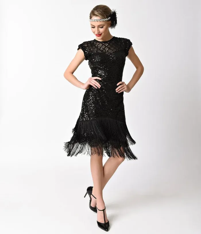 1920s Black Sequin Fringe Del Mar Flapper Dress Dresses Unique Vintage Pencil