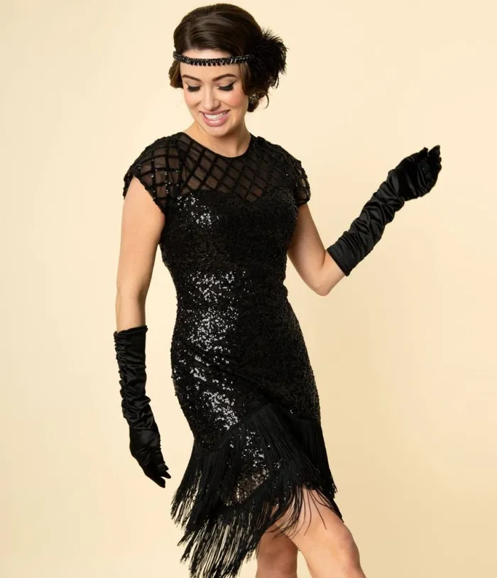 1920s Black Sequin Fringe Del Mar Flapper Dress Dresses Unique Vintage Pencil