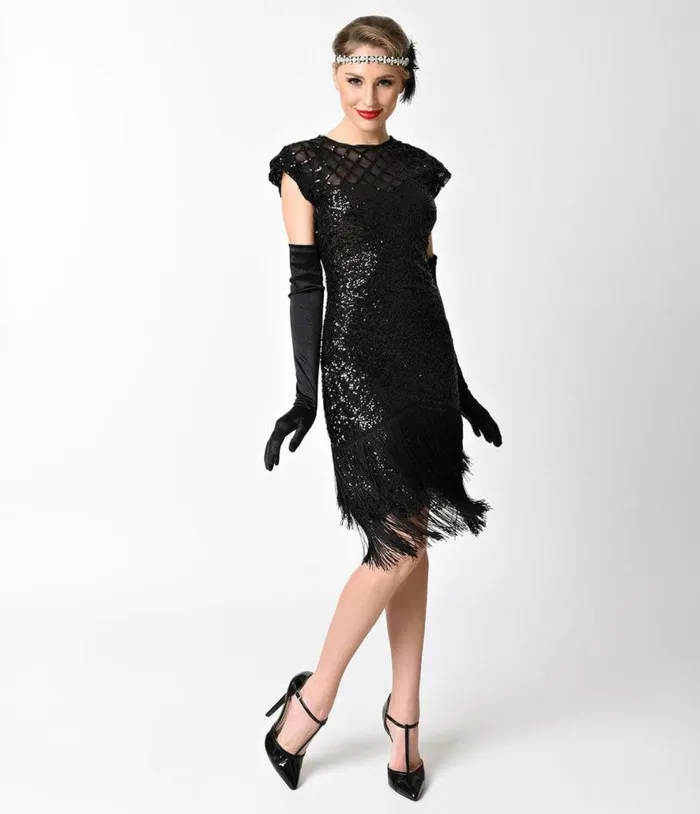 1920s Black Sequin Fringe Del Mar Flapper Dress Dresses Unique Vintage Pencil