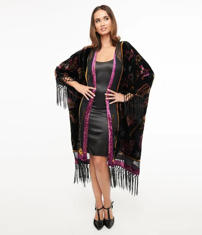 1920s Black Velvet Burnout Mystical Icons Fringe Kimono ClothingPlus Unique Vintage Jackets