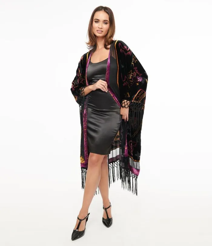 1920s Black Velvet Burnout Mystical Icons Fringe Kimono ClothingPlus Unique Vintage Jackets