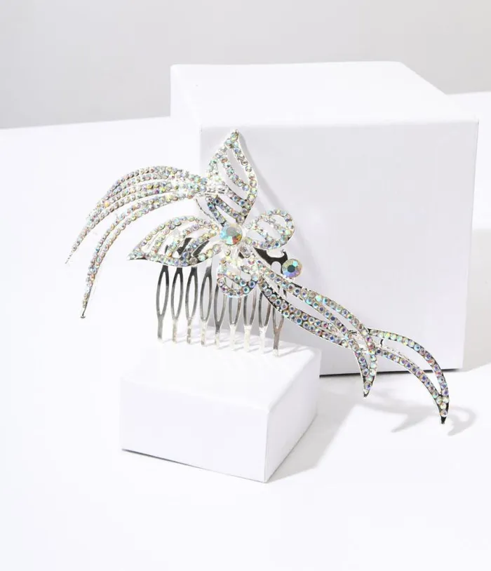 1920s Silver and Rainbow Rhinestone Butterfly Tiara Hair Comb Accessories Unique Vintage Hair Clips 1920s Silver and Rainbow Rhinestone Butterfly Tiara Hair Comb Accessories Unique Vintage Hair Clips