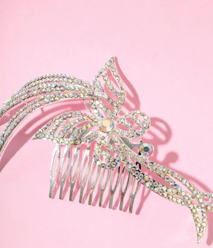 1920s Silver and Rainbow Rhinestone Butterfly Tiara Hair Comb Accessories Unique Vintage Hair Clips