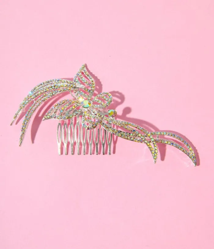 1920s Silver and Rainbow Rhinestone Butterfly Tiara Hair Comb Accessories Unique Vintage Hair Clips