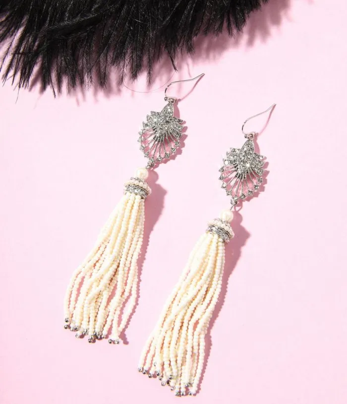 1920s Silver and White Beaded Deco Tassel Dangle Earrings Accessories Unique Vintage Earrings 1920s Silver and White Beaded Deco Tassel Dangle Earrings Accessories Unique Vintage Earrings