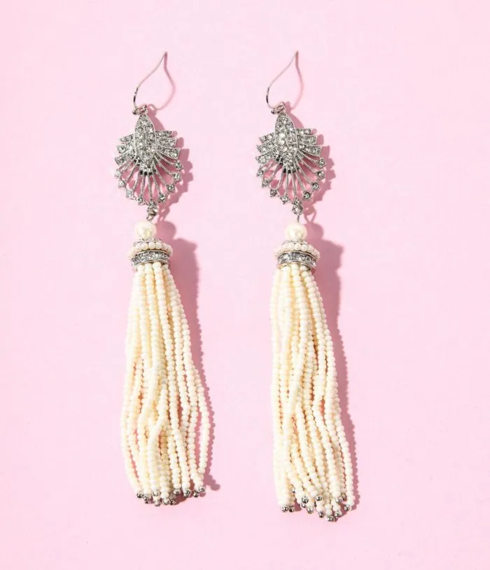 1920s Silver and White Beaded Deco Tassel Dangle Earrings Accessories Unique Vintage Earrings