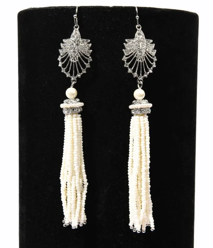 1920s Silver and White Beaded Deco Tassel Dangle Earrings Accessories Unique Vintage Earrings