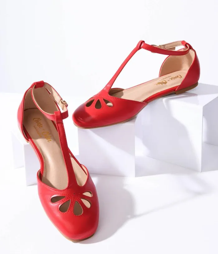 1920s Style Red Leatherette TStrap Flats Shoes Unique Vintage Flats