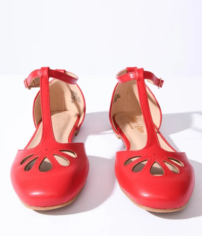 1920s Style Red Leatherette TStrap Flats Shoes Unique Vintage Flats
