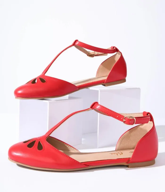 1920s Style Red Leatherette TStrap Flats Shoes Unique Vintage Flats