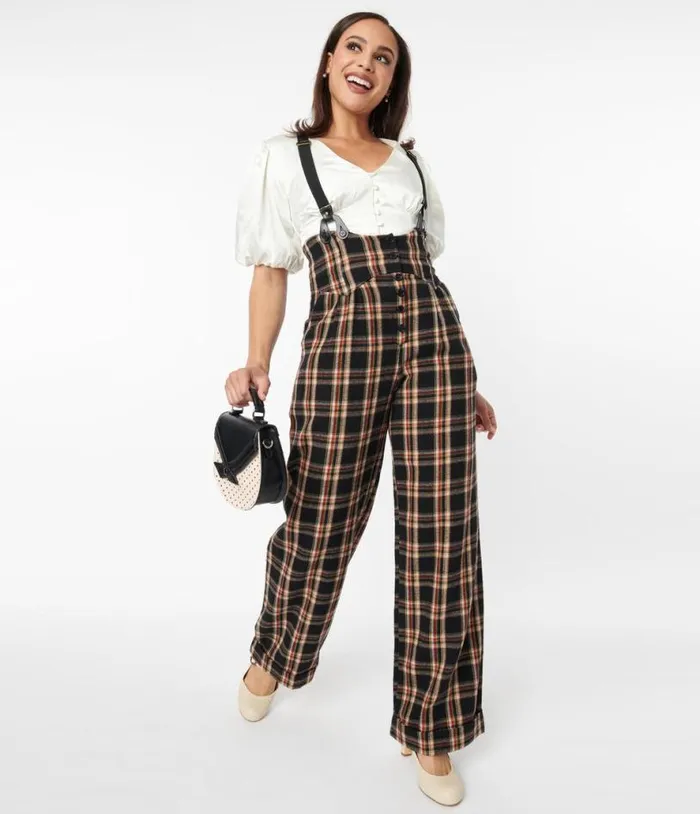 1930s Black and Auburn Plaid Thelma Suspender Pants ClothingPlus Unique Vintage Pants 1930s Black and Auburn Plaid Thelma Suspender Pants ClothingPlus Unique Vintage Pants