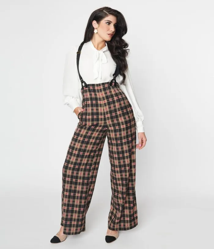 1930s Black and Burgundy Plaid High Waist Suspender Pants ClothingPlus Unique Vintage Pants 1930s Black and Burgundy Plaid High Waist Suspender Pants ClothingPlus Unique Vintage Pants