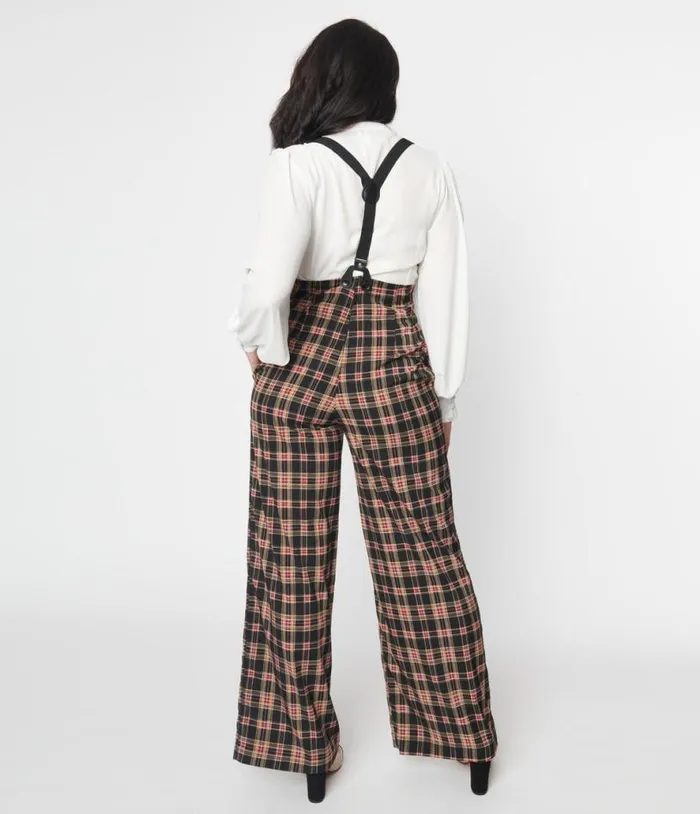 1930s Black and Burgundy Plaid High Waist Suspender Pants ClothingPlus Unique Vintage Pants