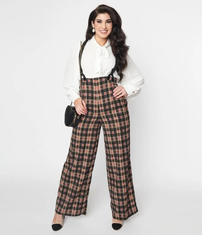 1930s Black and Burgundy Plaid High Waist Suspender Pants ClothingPlus Unique Vintage Pants