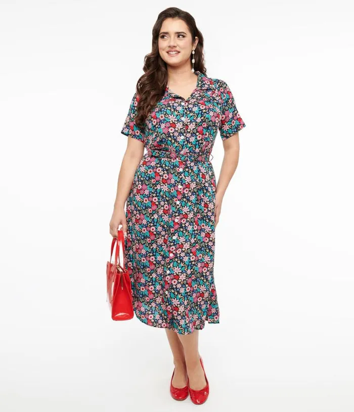 1930s Black and Multicolor Floral Print Tea Party Midi Dress Dresses Unique Vintage Pocket Dresses 1930s Black and Multicolor Floral Print Tea Party Midi Dress Dresses Unique Vintage Pocket Dresses