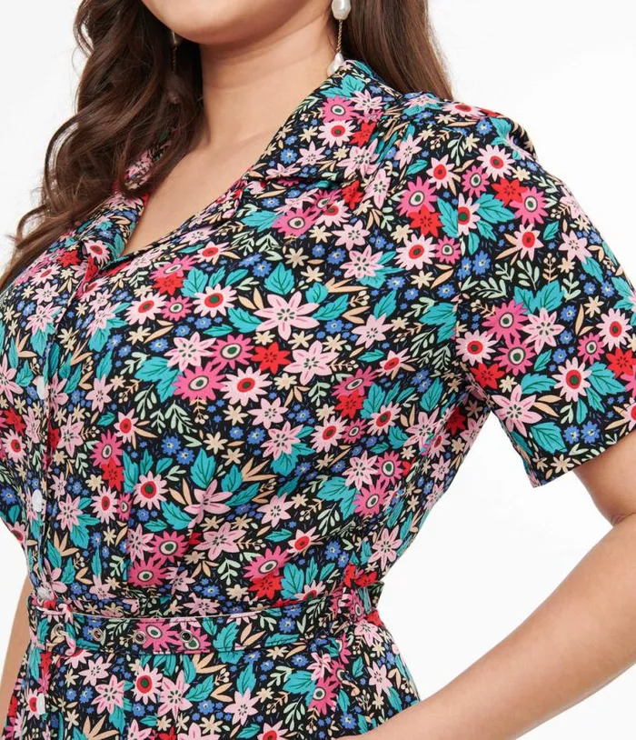 1930s Black and Multicolor Floral Print Tea Party Midi Dress Dresses Unique Vintage Pocket Dresses
