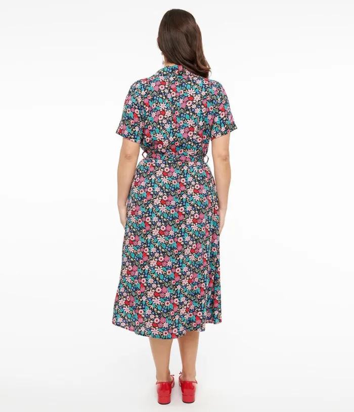 1930s Black and Multicolor Floral Print Tea Party Midi Dress Dresses Unique Vintage Pocket Dresses