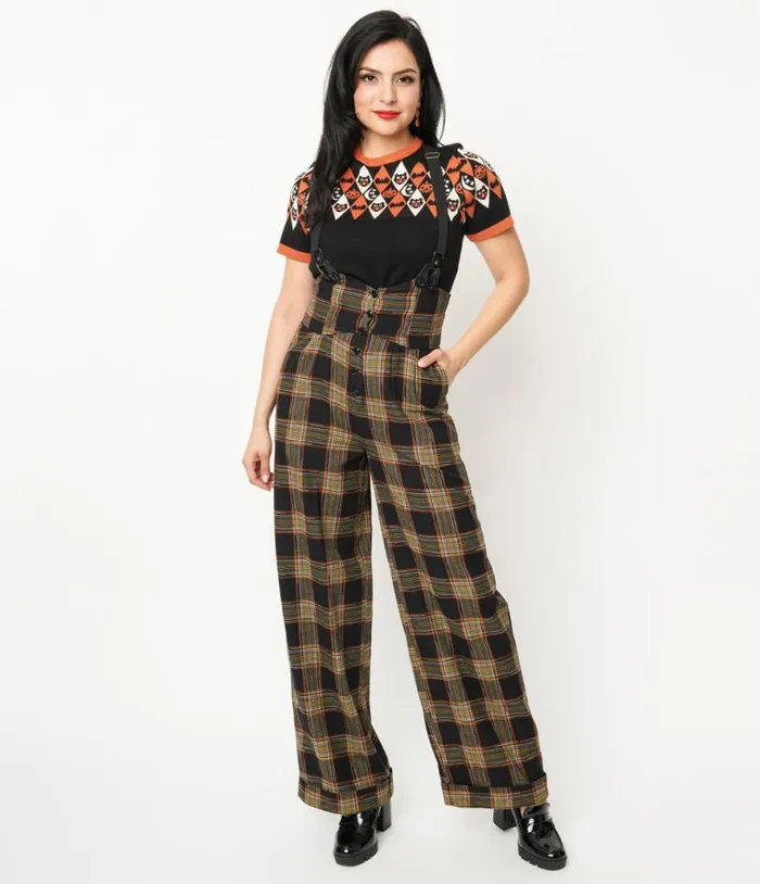 1930s Black and Orange Plaid Thelma Suspender Pants Clothing Unique Vintage Pants 1930s Black and Orange Plaid Thelma Suspender Pants Clothing Unique Vintage Pants