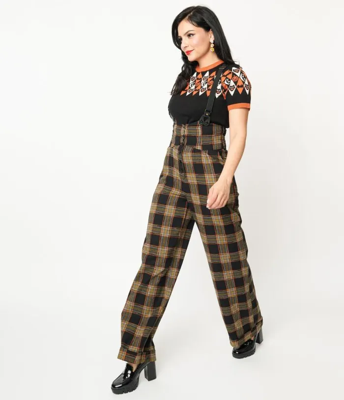 1930s Black and Orange Plaid Thelma Suspender Pants Clothing Unique Vintage Pants
