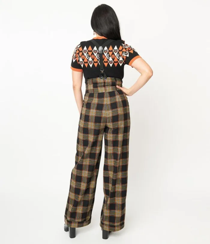 1930s Black and Orange Plaid Thelma Suspender Pants Clothing Unique Vintage Pants