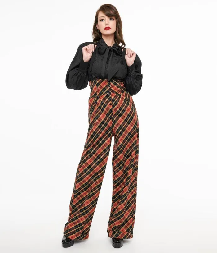 1930s Black and Rust Plaid Thelma Suspender Pants Clothing Unique Vintage Pants