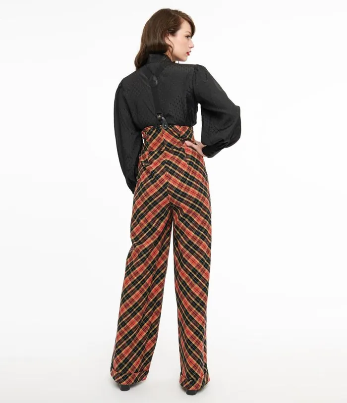 1930s Black and Rust Plaid Thelma Suspender Pants Clothing Unique Vintage Pants