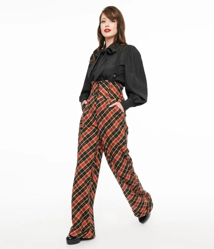 1930s Black and Rust Plaid Thelma Suspender Pants Clothing Unique Vintage Pants
