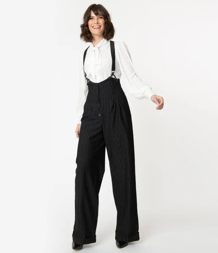 1930s Black and White Pin Stripe Thelma Suspender Pants Clothing Unique Vintage Pants 1930s Black and White Pin Stripe Thelma Suspender Pants Clothing Unique Vintage Pants