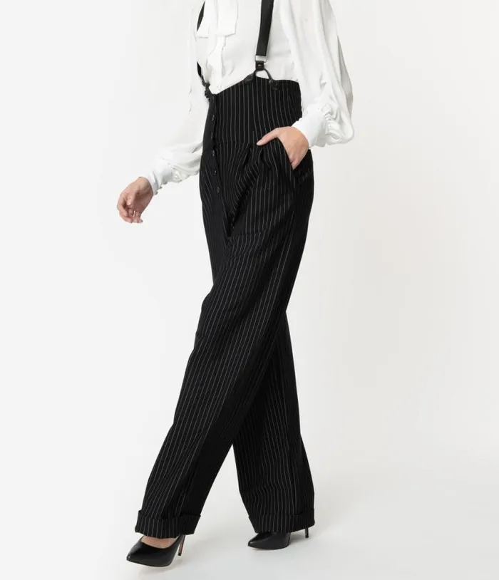 1930s Black and White Pin Stripe Thelma Suspender Pants Clothing Unique Vintage Pants