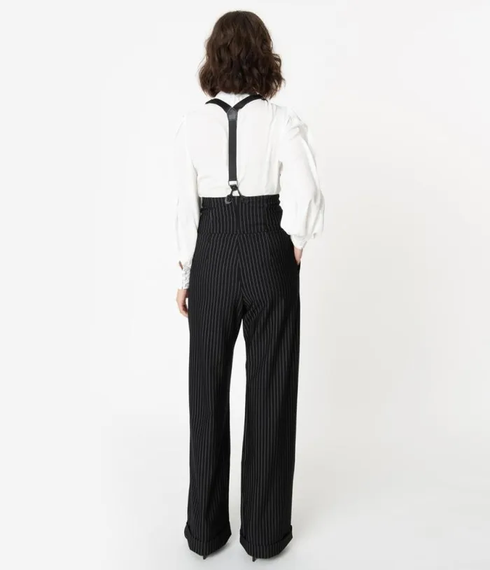 1930s Black and White Pin Stripe Thelma Suspender Pants Clothing Unique Vintage Pants