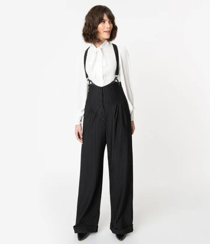 1930s Black and White Pin Stripe Thelma Suspender Pants Clothing Unique Vintage Pants