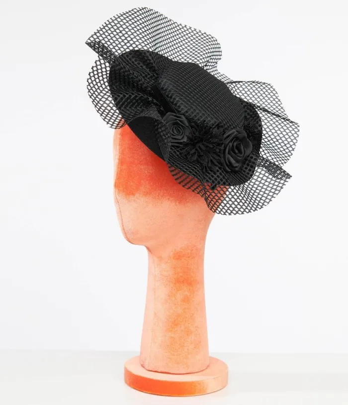 1930s Black Floral and Mesh Fascinator Accessories Unique Vintage Hair Clips