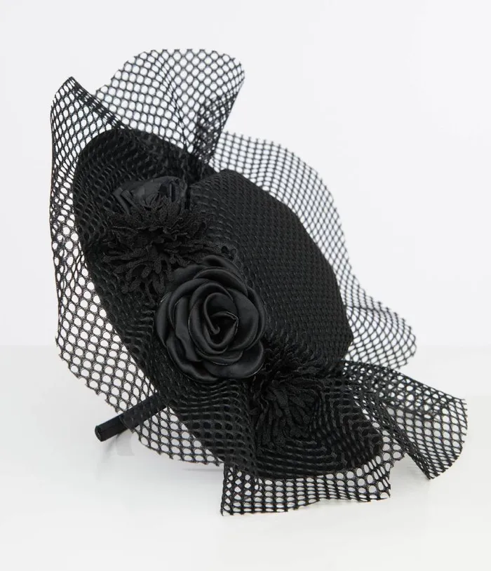 1930s Black Floral and Mesh Fascinator Accessories Unique Vintage Hair Clips