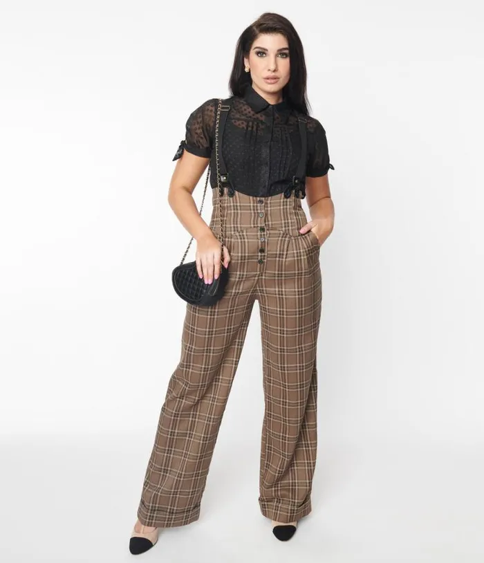 1930s Dark Beige Windowpane Thelma Suspender Pants Clothing Unique Vintage Pants 1930s Dark Beige Windowpane Thelma Suspender Pants Clothing Unique Vintage Pants