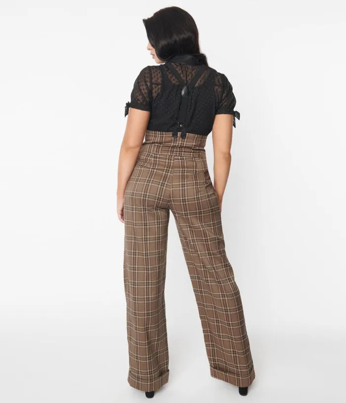 1930s Dark Beige Windowpane Thelma Suspender Pants Clothing Unique Vintage Pants