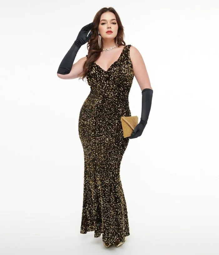 1930s Gold Sequin Goldwyn Gown Dresses Unique Vintage Maxi