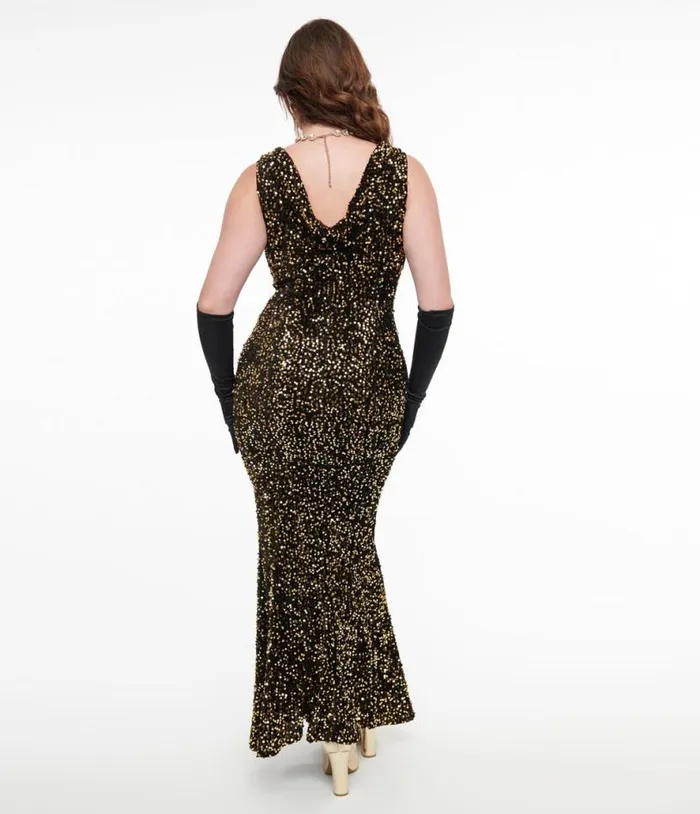 1930s Gold Sequin Goldwyn Gown Dresses Unique Vintage Maxi