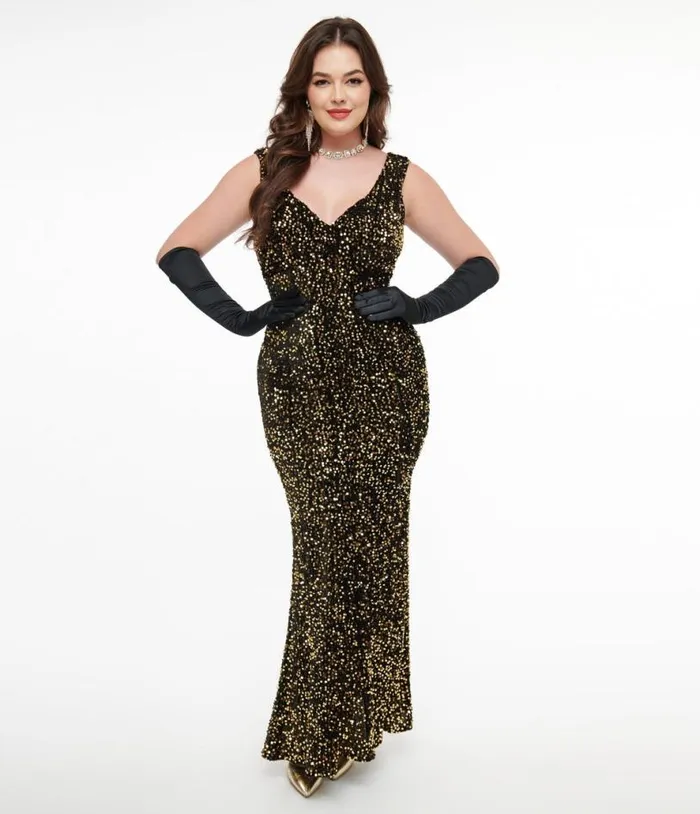 1930s Gold Sequin Goldwyn Gown Dresses Unique Vintage Maxi
