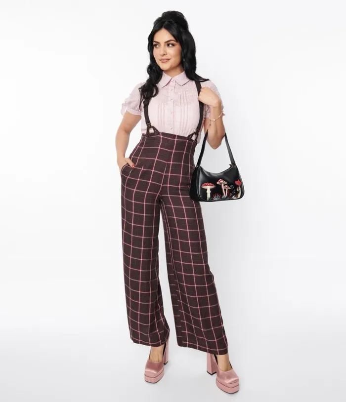 1930s Purple and Mauve Plaid High Waist Suspender Pants ClothingPlus Unique Vintage Pants 1930s Purple and Mauve Plaid High Waist Suspender Pants ClothingPlus Unique Vintage Pants