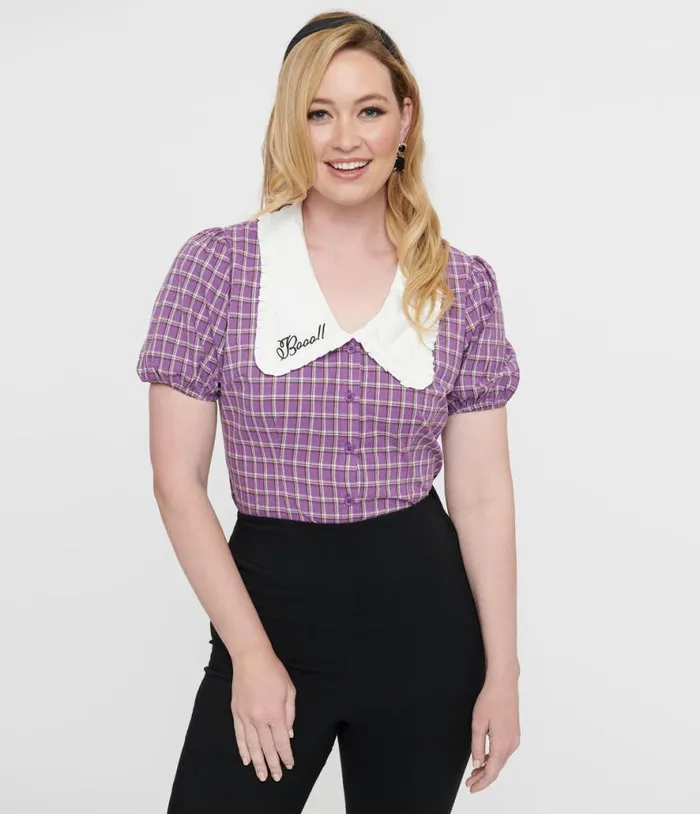 1930s Purple Plaid Oversized Collar Blouse ClothingHalloween Unique Vintage Tops 1930s Purple Plaid Oversized Collar Blouse ClothingHalloween Unique Vintage Tops