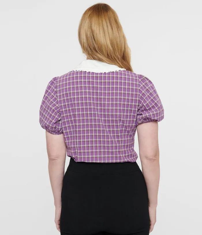 1930s Purple Plaid Oversized Collar Blouse ClothingHalloween Unique Vintage Tops