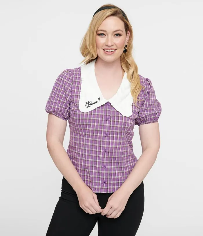 1930s Purple Plaid Oversized Collar Blouse ClothingHalloween Unique Vintage Tops