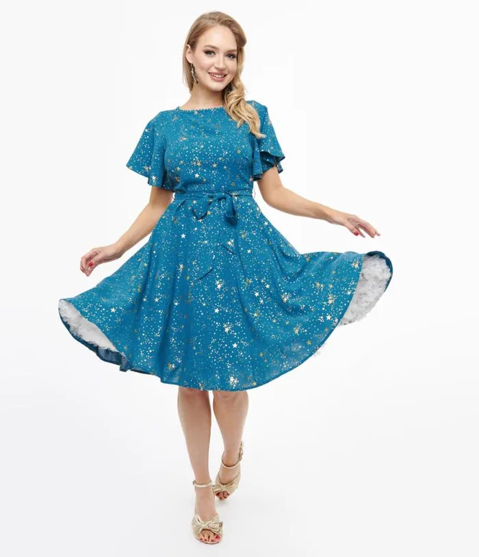 1930s Teal and Gold Star Swing Dress Dresses Unique Vintage Swing