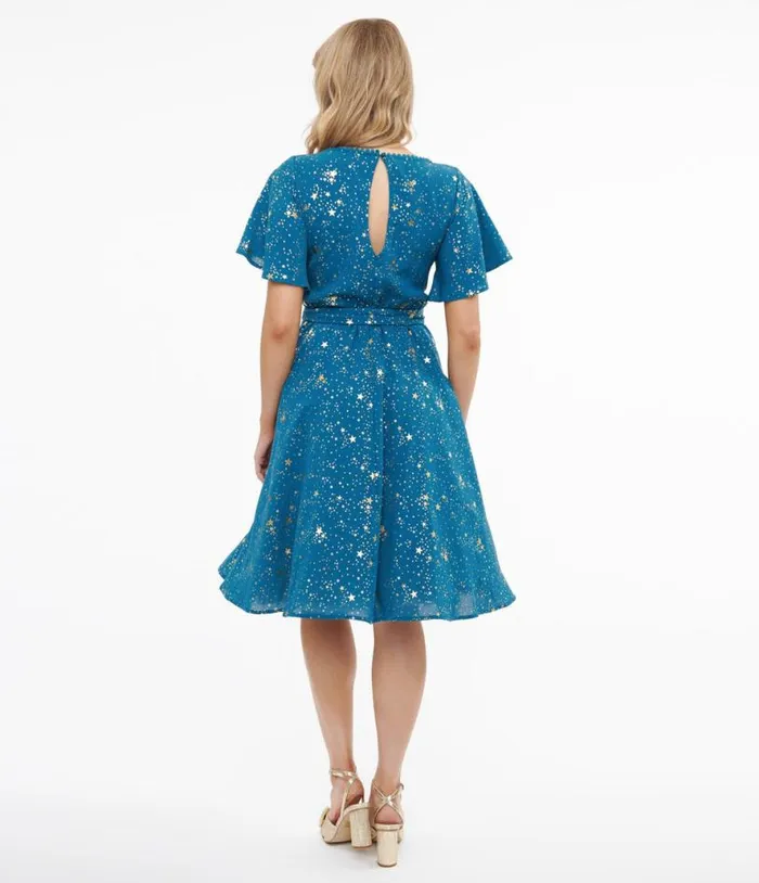 1930s Teal and Gold Star Swing Dress Dresses Unique Vintage Swing