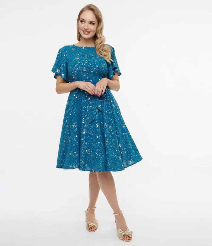 1930s Teal and Gold Star Swing Dress Dresses Unique Vintage Swing