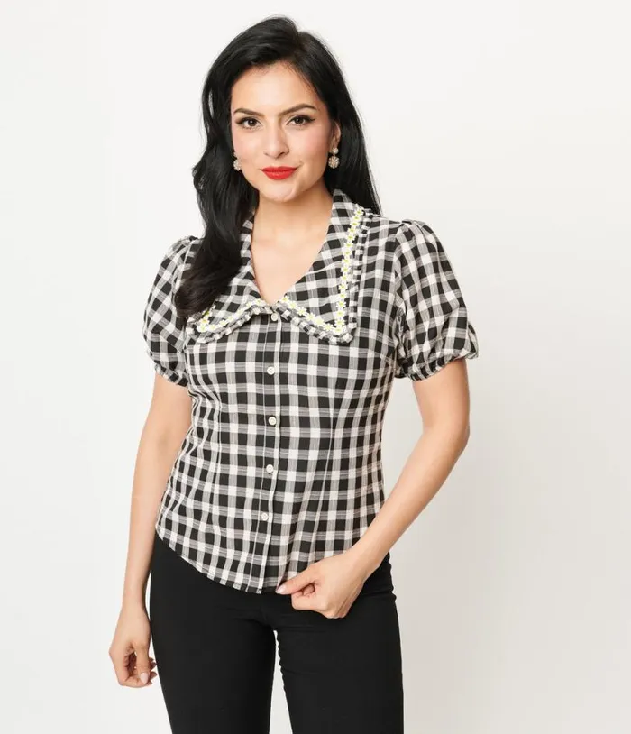 1930s White and Black Gingham Cotton Daisy Blouse Clothing Unique Vintage Blouses